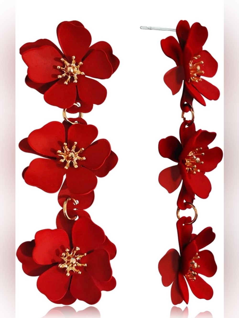 Red Floral Drop Earrings with Gold Accents